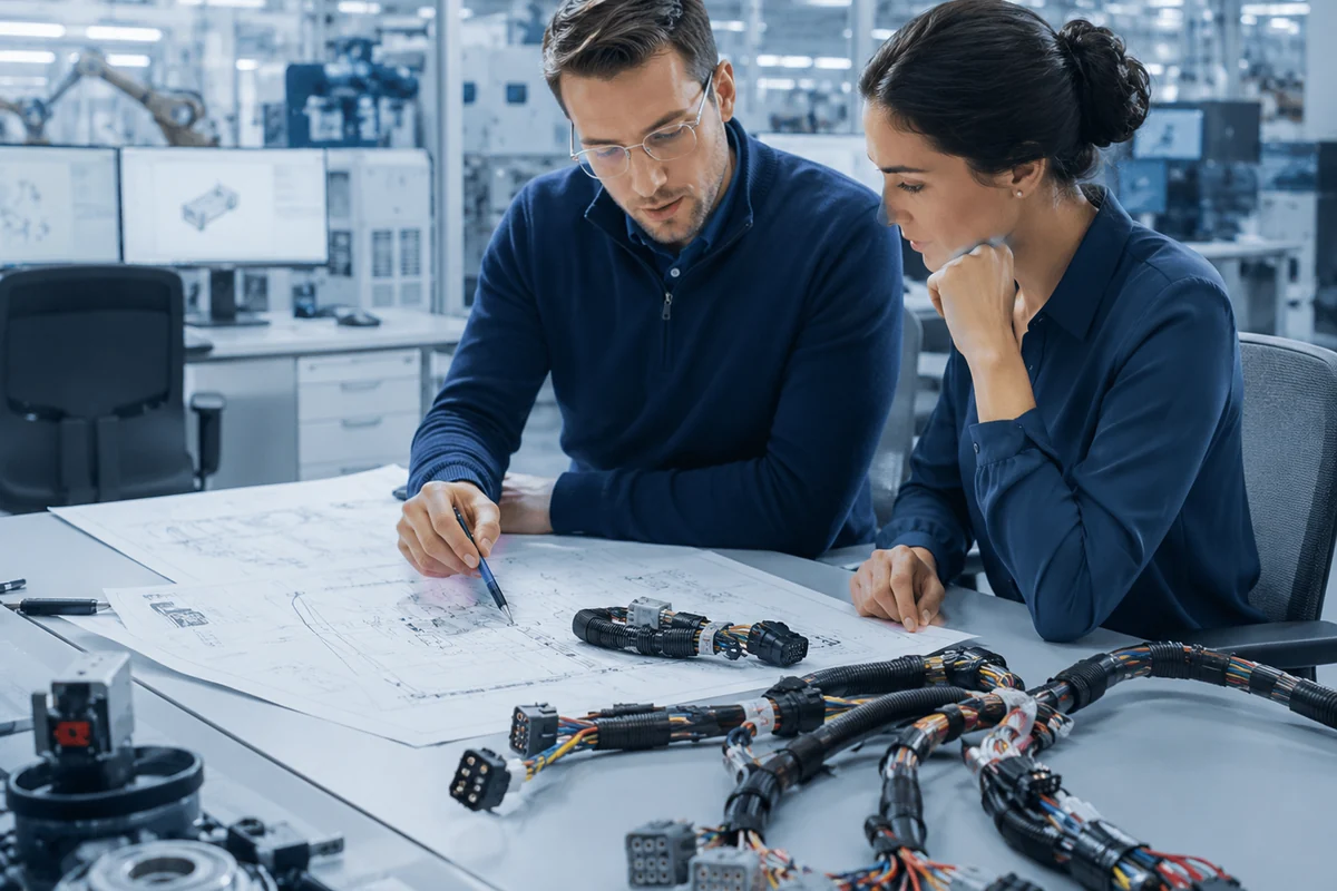 JowChain engineers reviewing custom wire harness drawings and assemblies