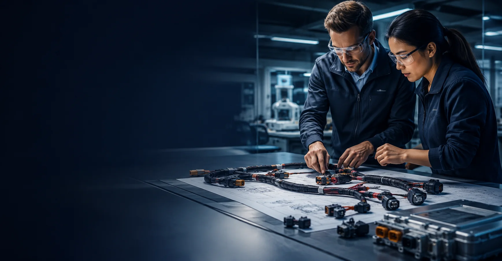 JowChain engineers reviewing custom wiring harness solutions for critical equipment