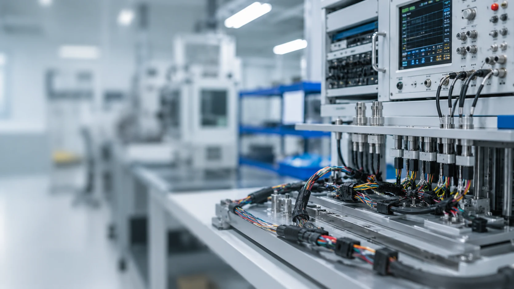 Wire harness electrical testing equipment and connected cable assemblies in a clean laboratory