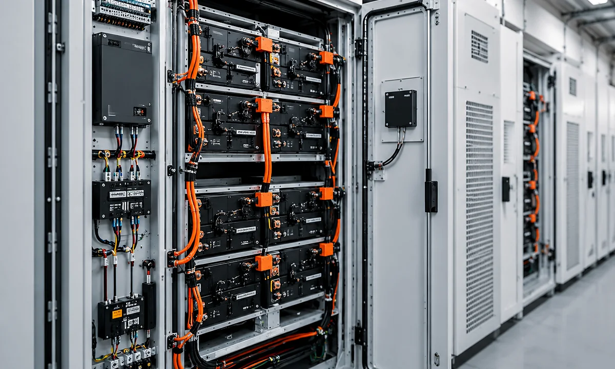 Energy storage cabinet with battery modules and high voltage cable connections