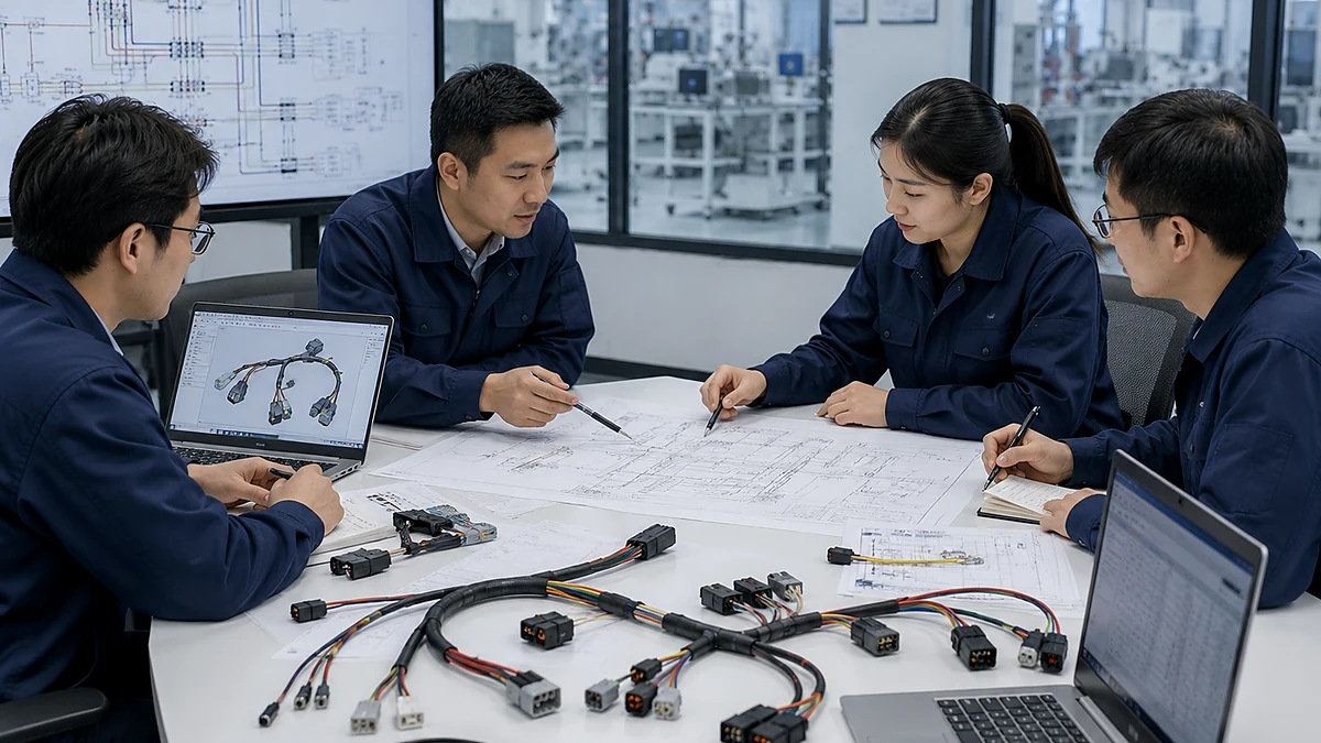 Engineers reviewing custom wire harness drawings and design requirements