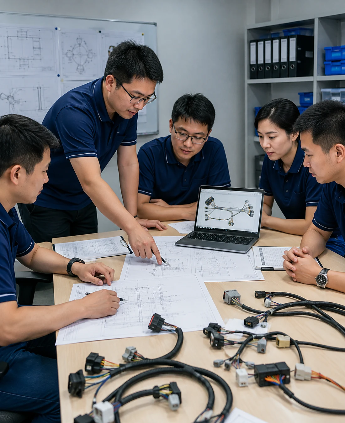 JowChain engineers reviewing a custom wire harness design before production