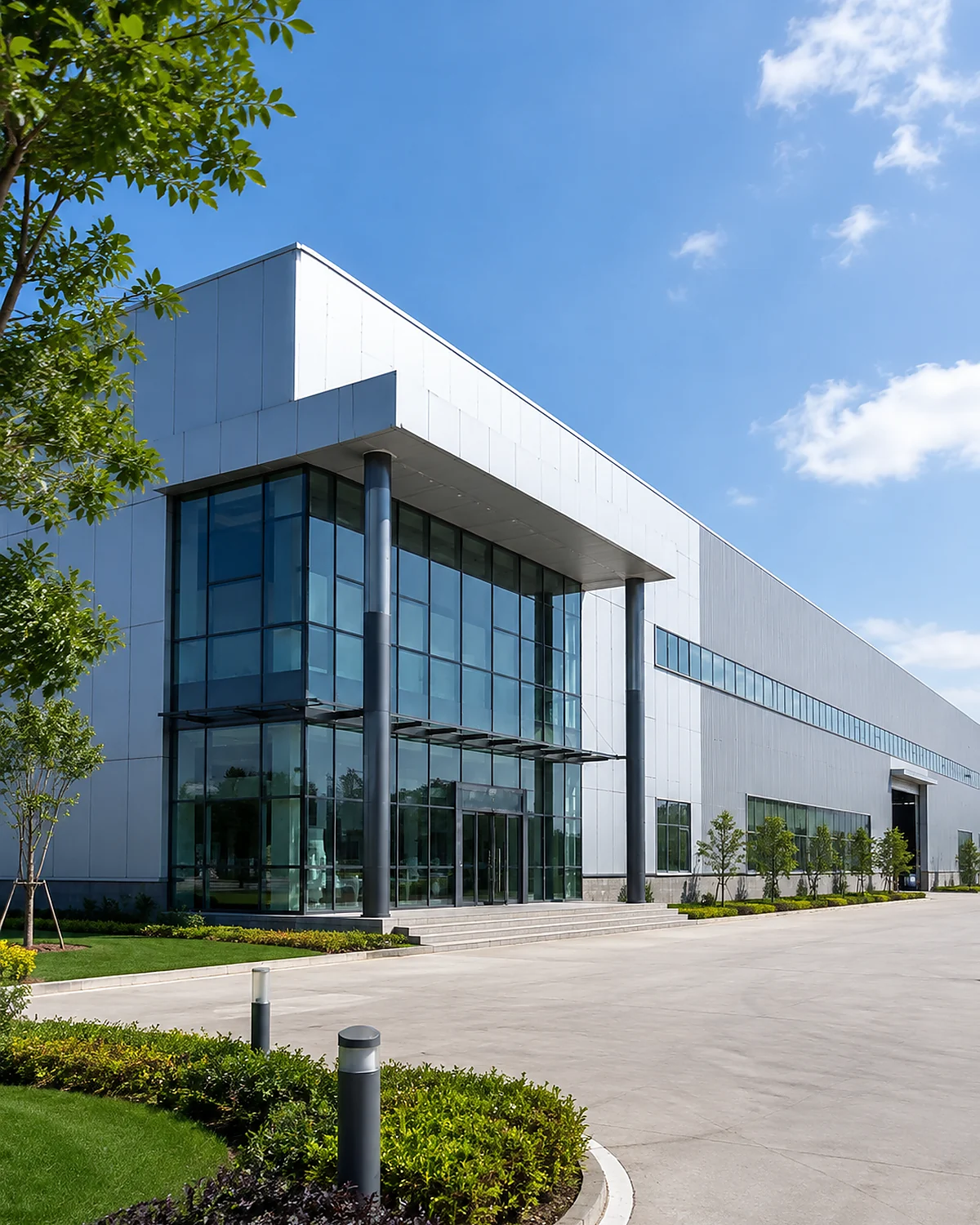 Modern manufacturing facility exterior representing JowChain factory operations