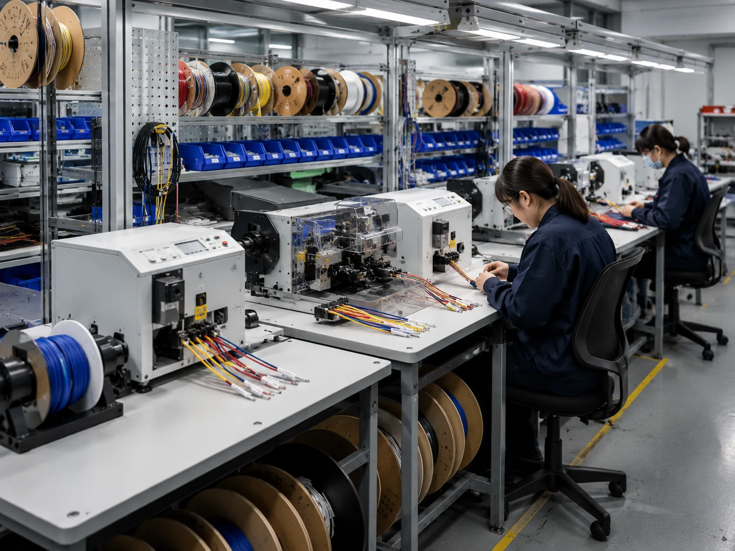 Organized wire harness production area with processing and assembly workstations