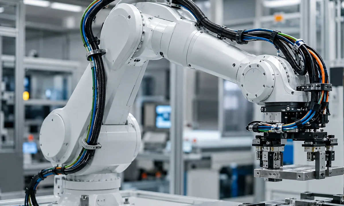 Industrial robot with routed wiring harnesses in an automated production cell