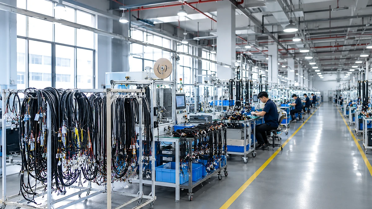 Organized wire harness manufacturing line with processing and assembly workstations