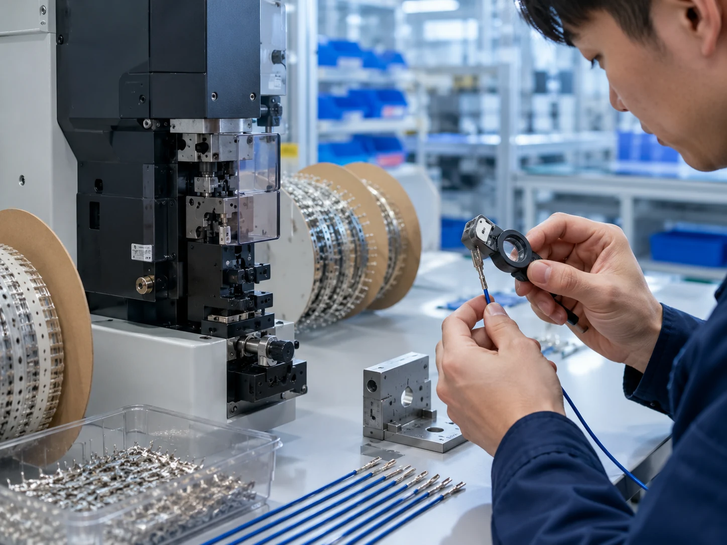Technician checking terminals and wire harness connections at an inspection workstation