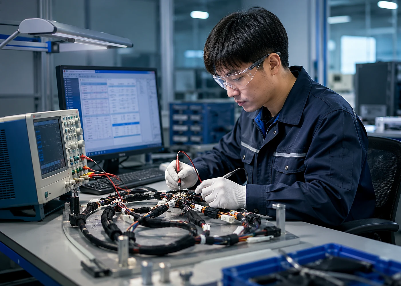 Engineer performing wire harness electrical testing and quality verification