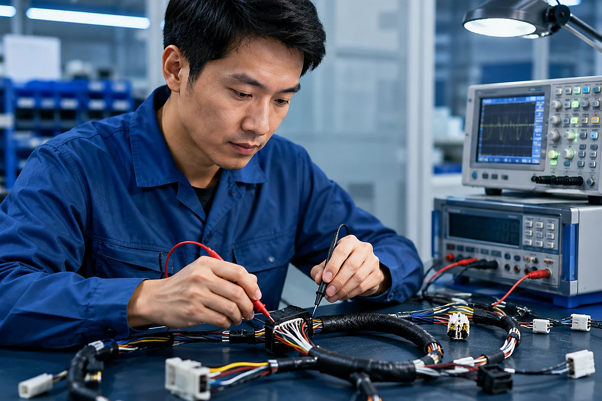 Engineer performing electrical testing and quality verification on a custom wire harness