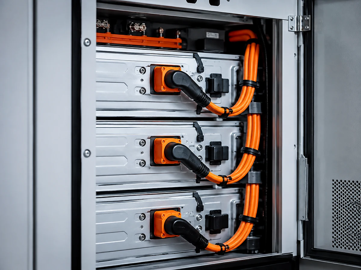 Angled energy storage wiring harness for compact cabinets