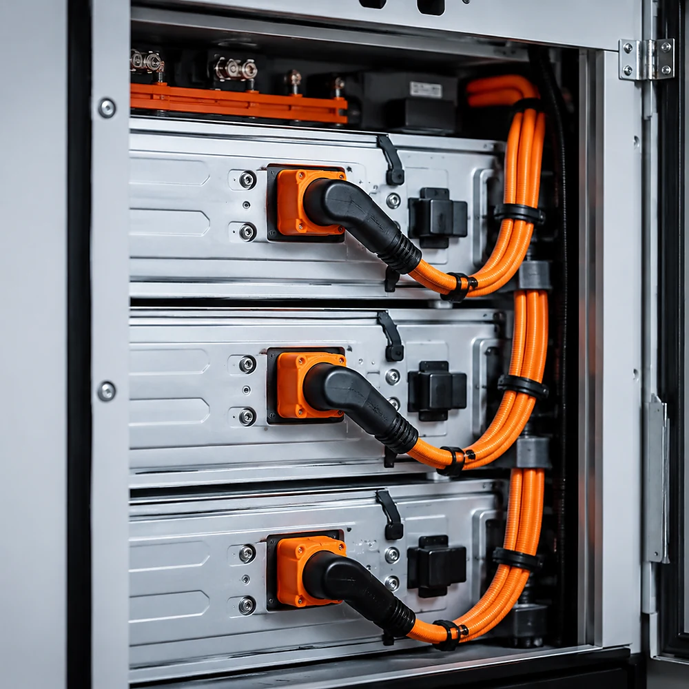 Angled energy storage wiring harness for compact cabinets