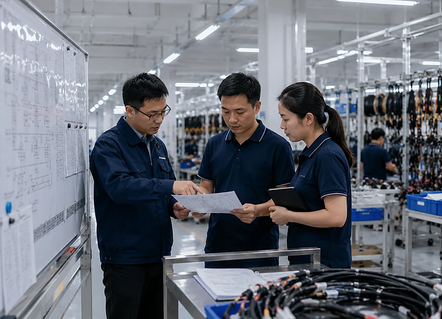Factory production team coordinating project requirements
