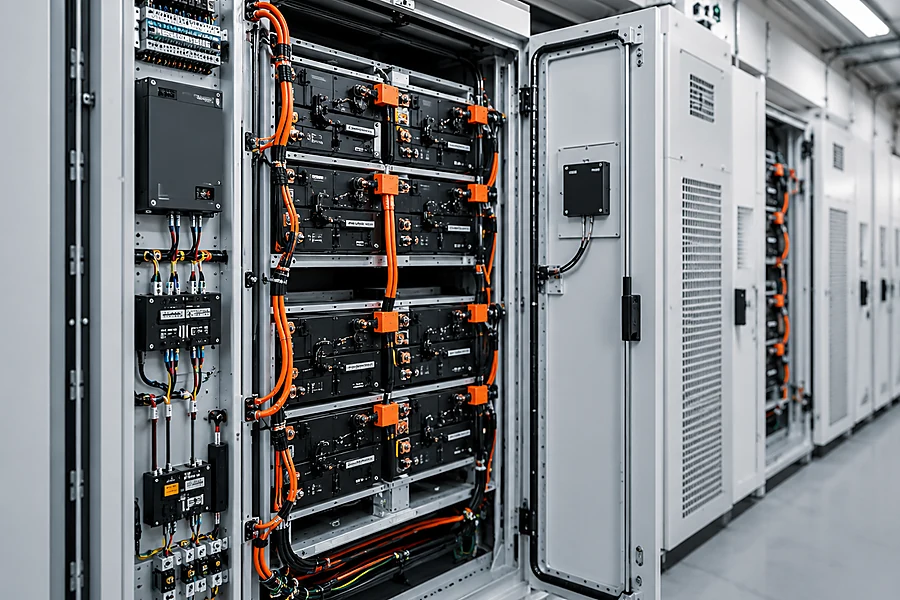 Energy storage cabinets representing battery wiring harness applications