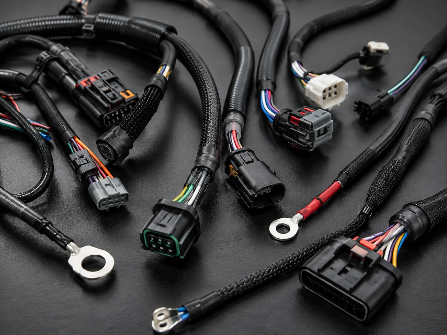 Custom wire harness project with connectors and protective sleeving