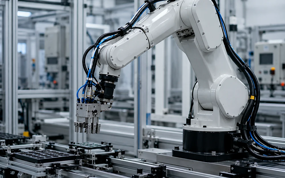Industrial robotic arm representing robotics and automation wire harness applications
