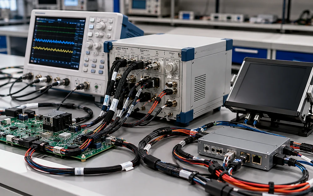 Electronic test equipment and cable assemblies representing electronic wiring applications