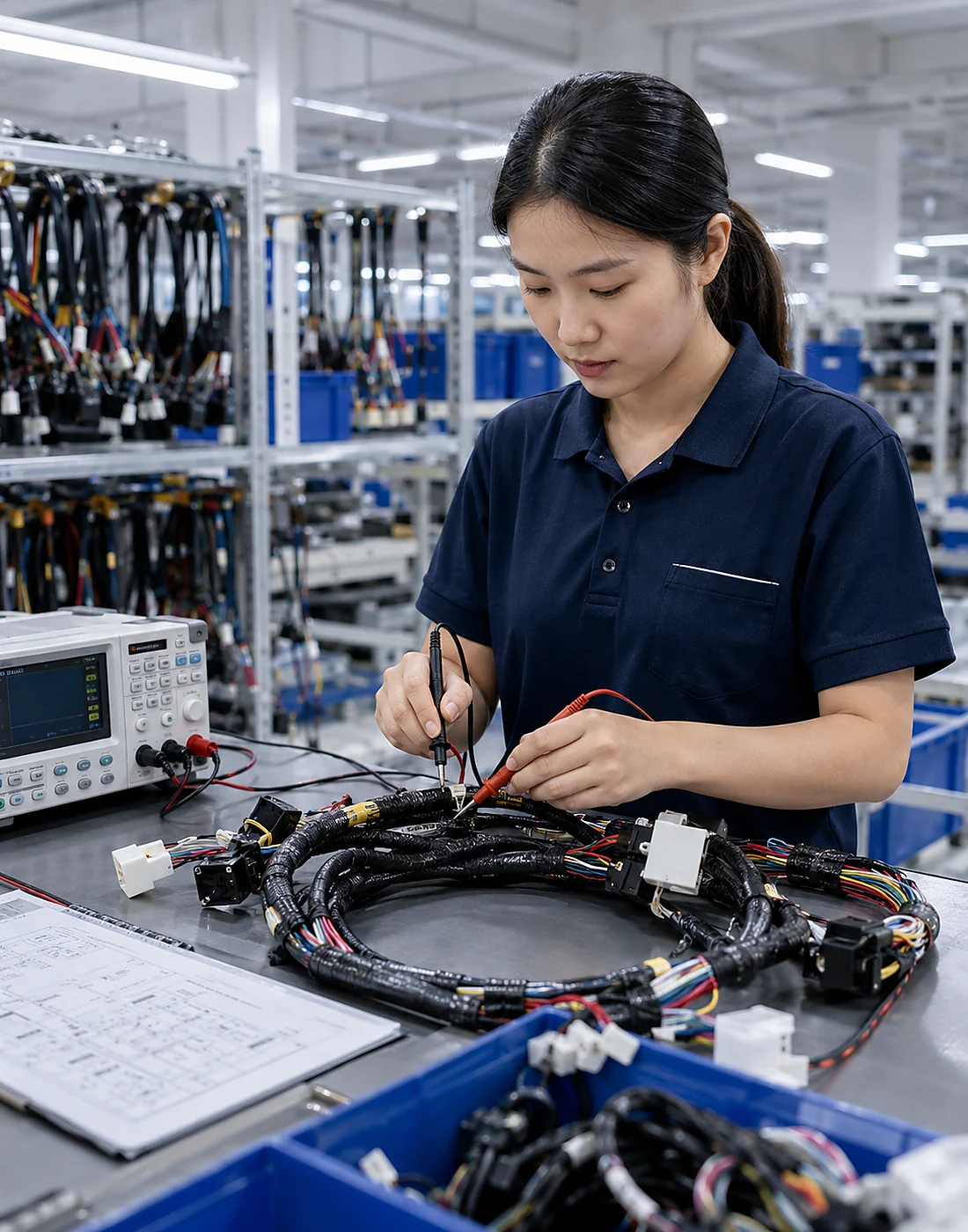Quality engineer performing wire harness inspection and electrical verification