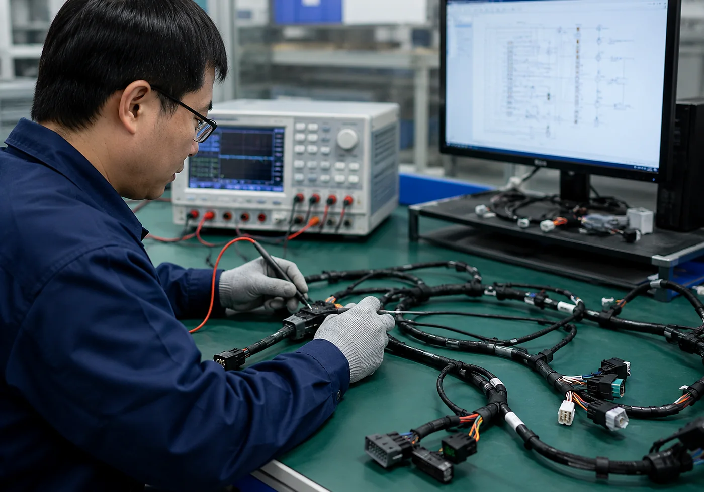 Cross-functional engineering and manufacturing team reviewing a wire harness project