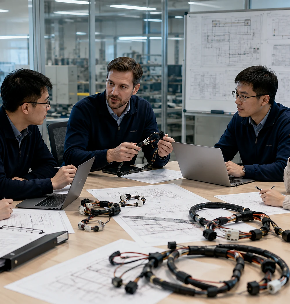 Cross-functional project team discussing wire harness requirements and production details