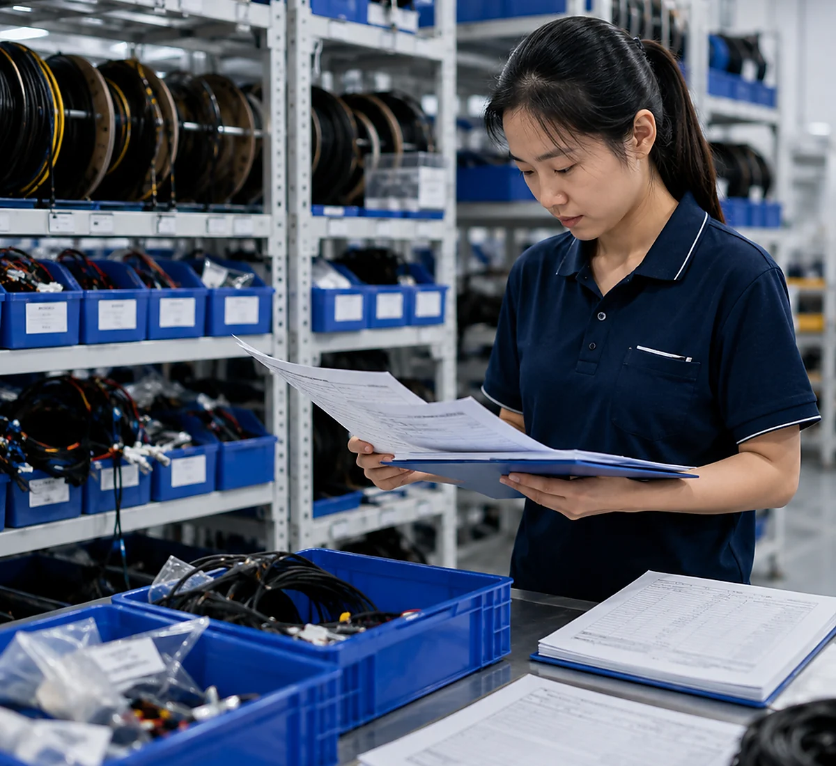 Factory engineer reviewing material identification and production records