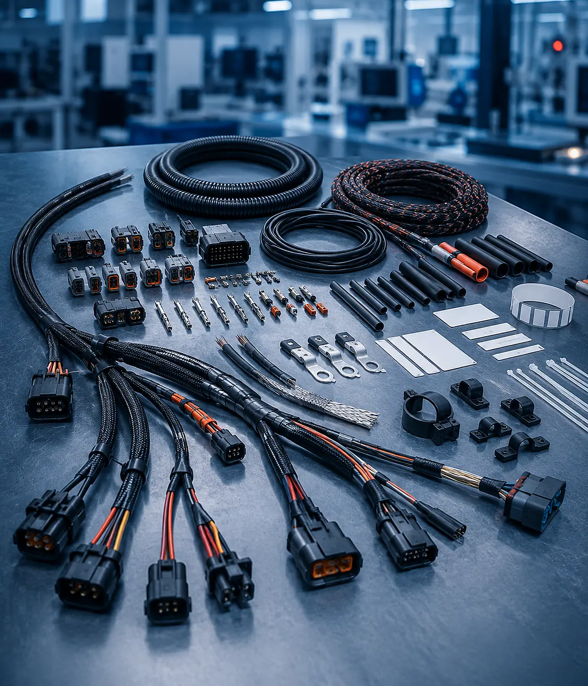 Custom components and protection options for robotics wiring harnesses