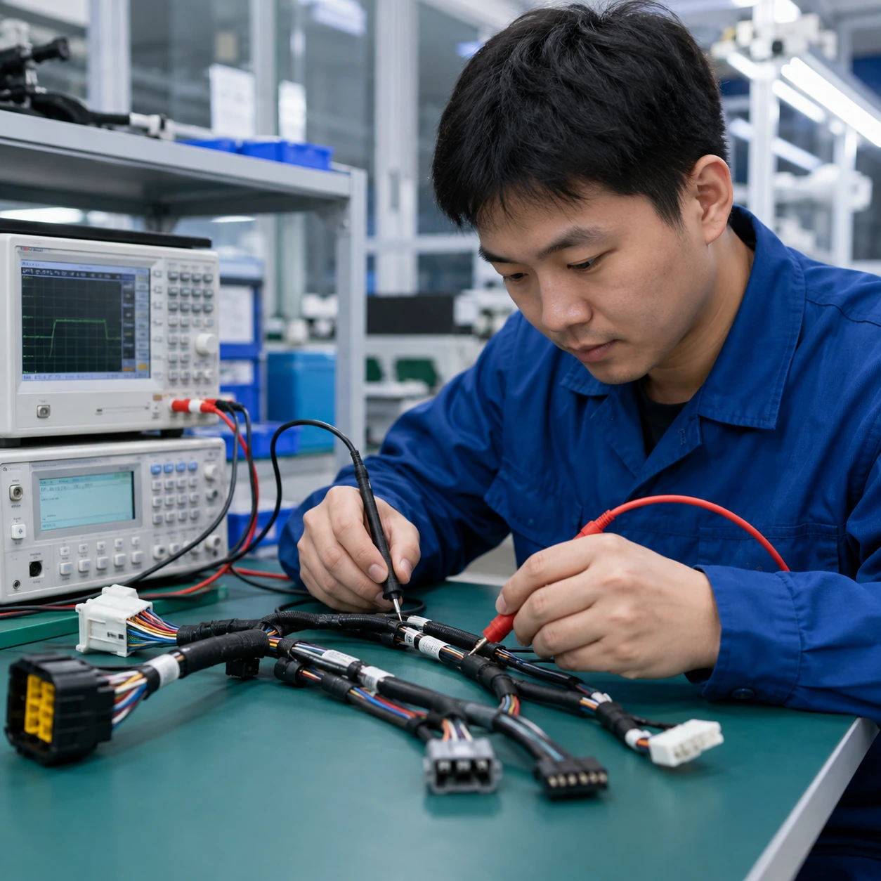 Technician performing electrical testing on a custom wire harness