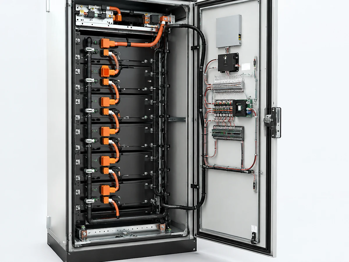 Commercial battery cabinet with separate power and BMS wiring harnesses